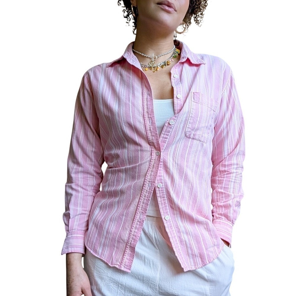 Vintage 90s Fisherman Cabincore Stripe Pastel Pink Button Up Long Sleeve Blouse